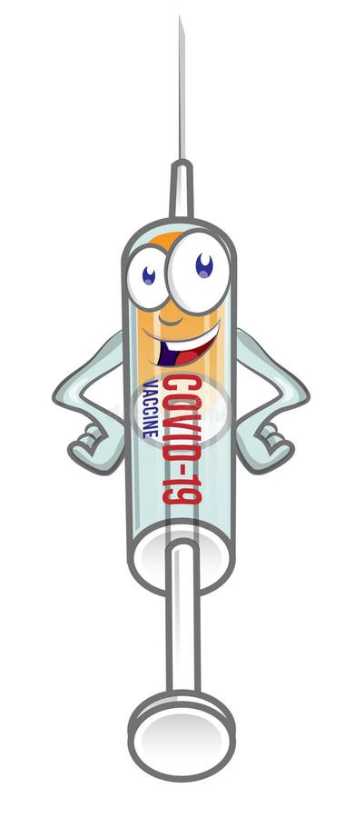 Vacina contra o vírus covid19 da corona seringa médica mascote cartoon sorridente