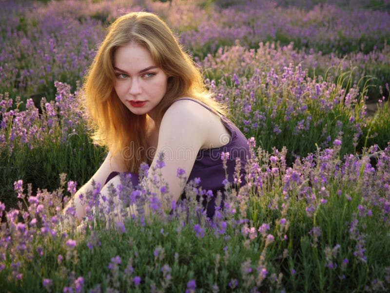 Vacker blond flicka med långt hår på ett lavenderfält på kvällen fotografering för bildbyråer