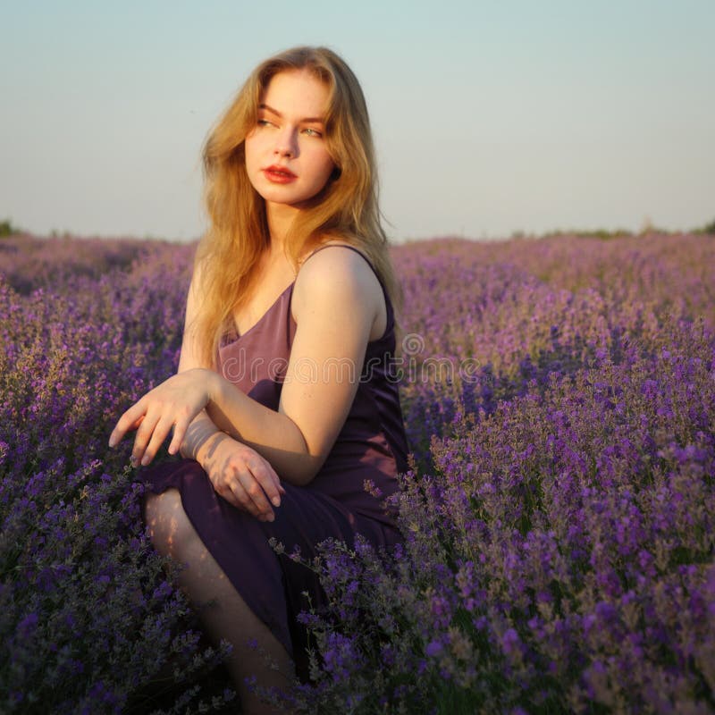 Vacker blond flicka med långt hår på ett lavenderfält på kvällen royaltyfria foton