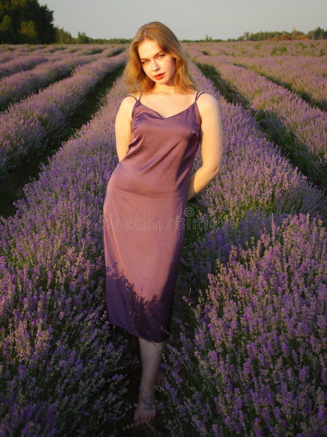 Vacker blond flicka med långt hår på ett lavenderfält på kvällen arkivbilder