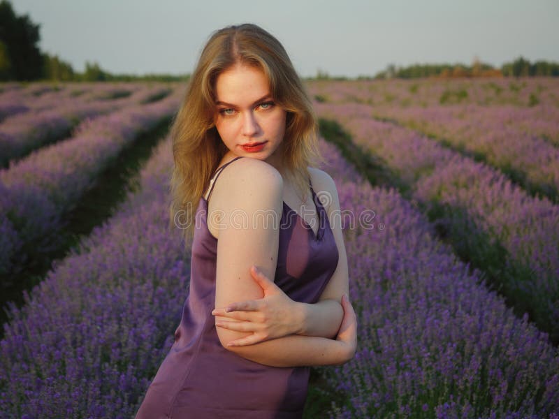 Vacker blond flicka med långt hår på ett lavenderfält på kvällen royaltyfri bild