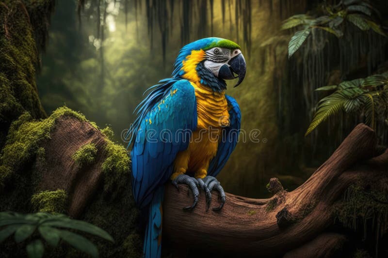 Vacker blågul macaw full kropp i skogen. färglösa och vibrerande djur vektor illustrationer