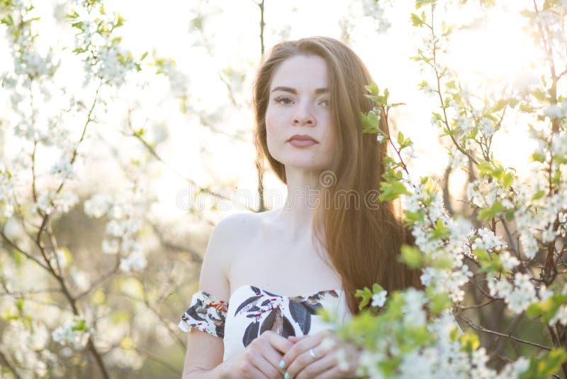 Vacker flicka bland körsbärsblommor på en solig vårdag royaltyfria bilder