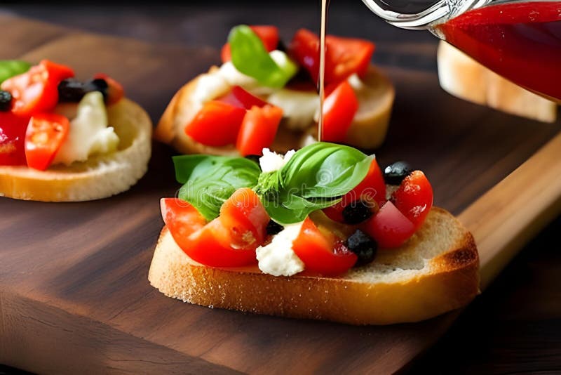 Vacker italiansk bruschetta med vitlöktomatolja och basilika royaltyfri illustrationer