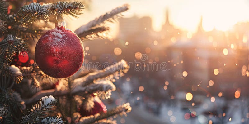 Vacker julbanderoll med röd bauble-prydnad på snötäckt träd och suddig stad stock illustrationer