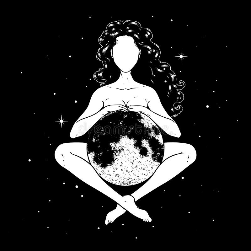 Vacker kvinna som mediterar med fullmåne i rymdens gudinna symbol. vektorillustration