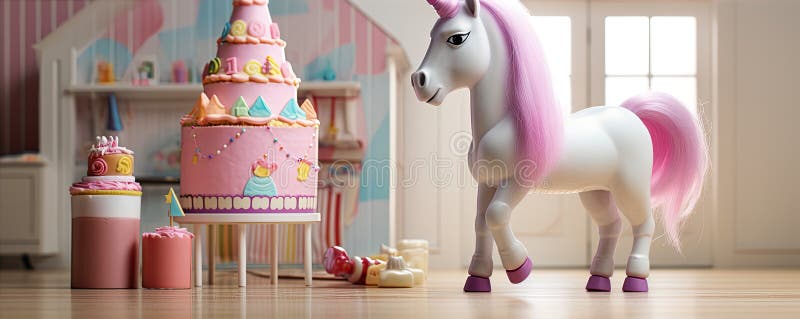 Vacker, rosa unicorn mot födelsedag stock illustrationer