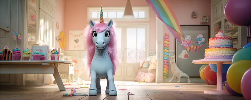 Vacker, rosa unicorn mot födelsedag royaltyfri illustrationer