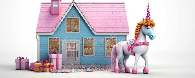 Vacker, rosa unicorn mot födelsedag stock illustrationer