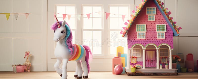 Vacker, rosa unicorn mot födelsedag royaltyfri illustrationer