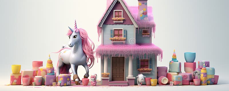 Vacker, rosa unicorn mot födelsedag vektor illustrationer