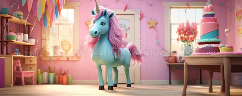 Vacker, rosa unicorn mot födelsedag stock illustrationer