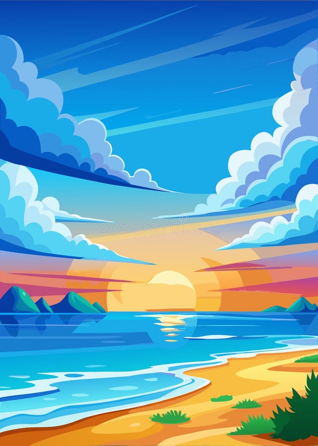 Vacker solnedgång över det lugna havet med färgstarka moln och avlägsna berg royaltyfri illustrationer