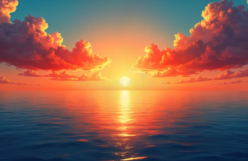 Vacker solnedgång över havet. Dramatiska moln fyller himlen med varma orange- och röda färger. Ljuset för den gyllene timmen refle. Ljusreflexer på vattnet vid den gyllene timmen. Tungande årslandskap. AI genererad.
