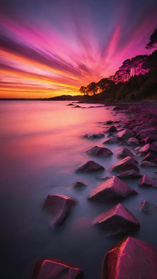 Vacker solnedgång över havet med rosa och lila färger, lång exponeringspåse. landskaps- och omgivningsförhållanden för bakgrund.
