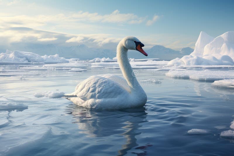Vacker svan som simmar lätt bland isberger som flyter i det kallt klara vattnet stock illustrationer