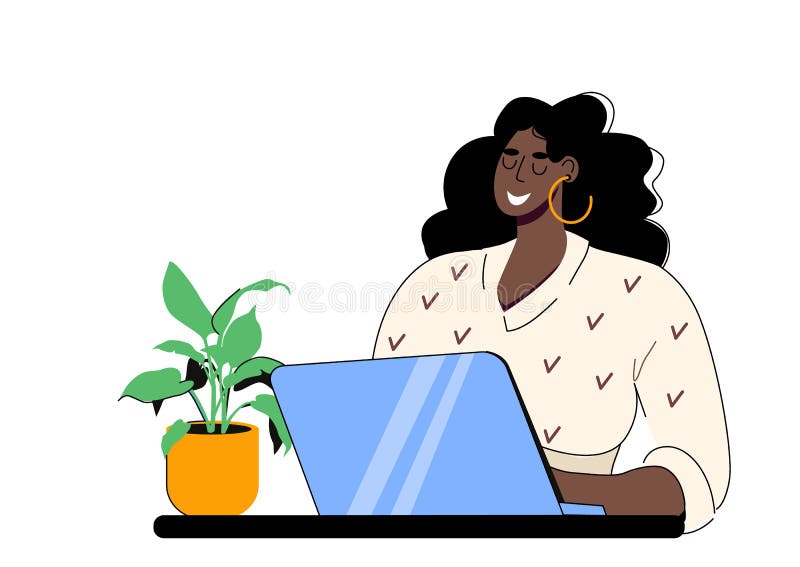 Vacker svart kvinna plus storlek som sitter på en bärbar dator. Frielance Online Studwork from home concept. vektor. Stor vacker svart kvinna som sitter på en bärbar dator. vektorillustration i teckningsstil isolerad på vit bakgrund.