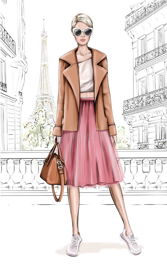 Vacker ung flicka i modekläder. snygg kvinna med parisbakgrund. påse för modeflicka. modevisning. stock illustrationer