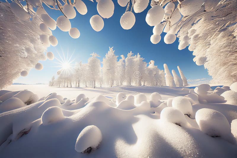 Vacker vintermiljö med ljusvit snö och solljus royaltyfri illustrationer