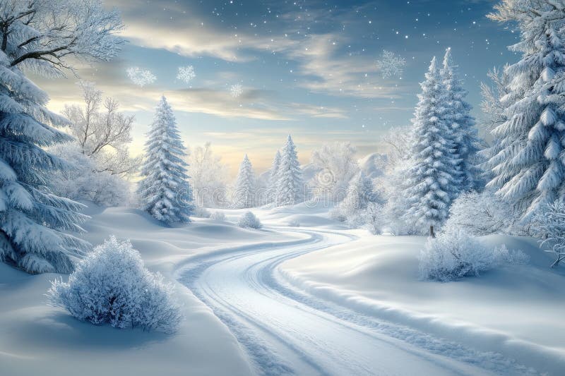 Vacker vinterskog. likkörd, snötäckt väg. alla träd och träd står i flytande snö. tydlig frostdag. vektor illustrationer
