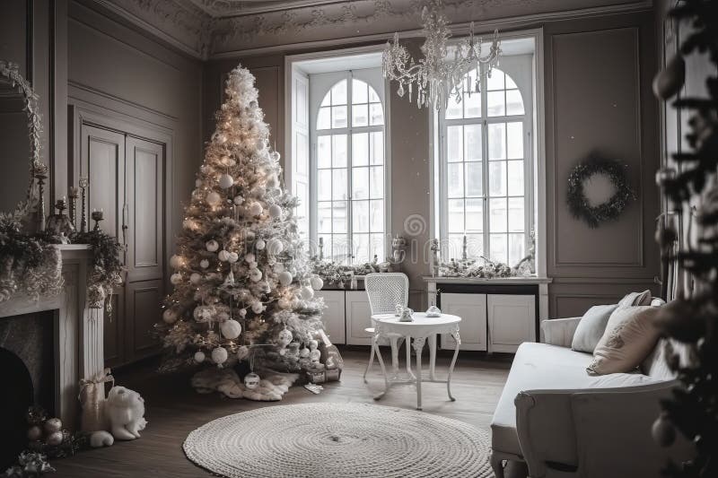 Vackert prydnadshus med julgranar och julklappar vektor illustrationer