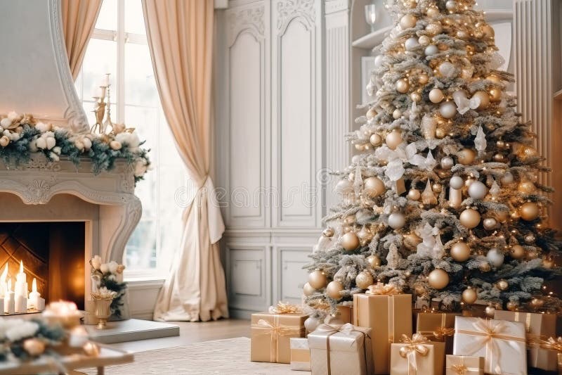 Vackert prydnadshus med julgranar och julklappar royaltyfri illustrationer