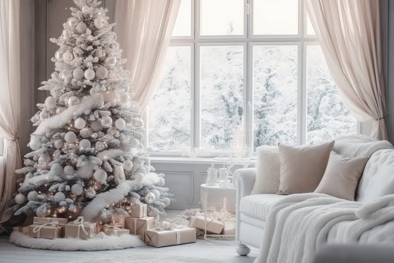 Vackert prydnadshus med julgranar och julklappar. stock illustrationer
