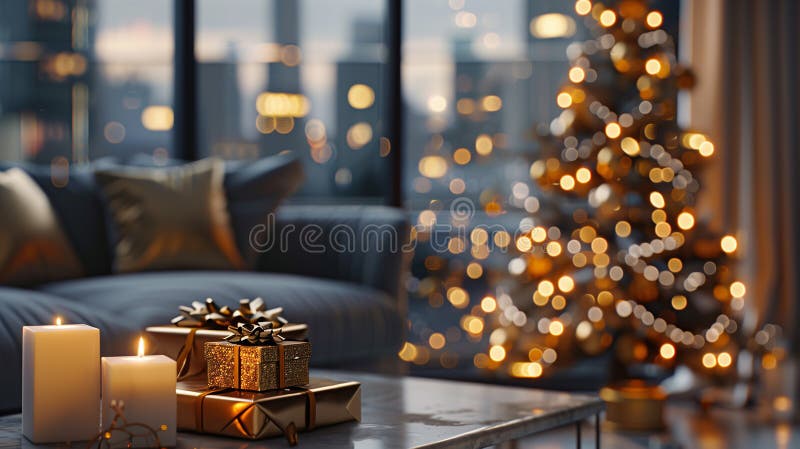 Vackert prydnadshus med julklappar. Inredning med ett julgransträd och julklappar med högtidlig bakgrund vektor illustrationer