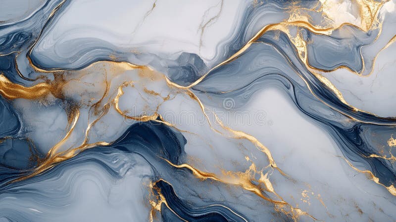 Vackra abstrakta blå och guldmarble bakgrundai genererade stock illustrationer