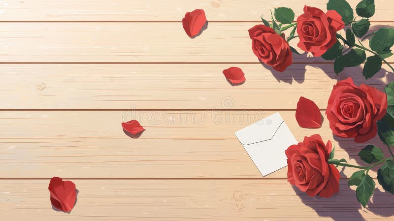 Vackra arrangemang av röda rosor och rosenblad på träytan åtföljt av blankpropp royaltyfri illustrationer