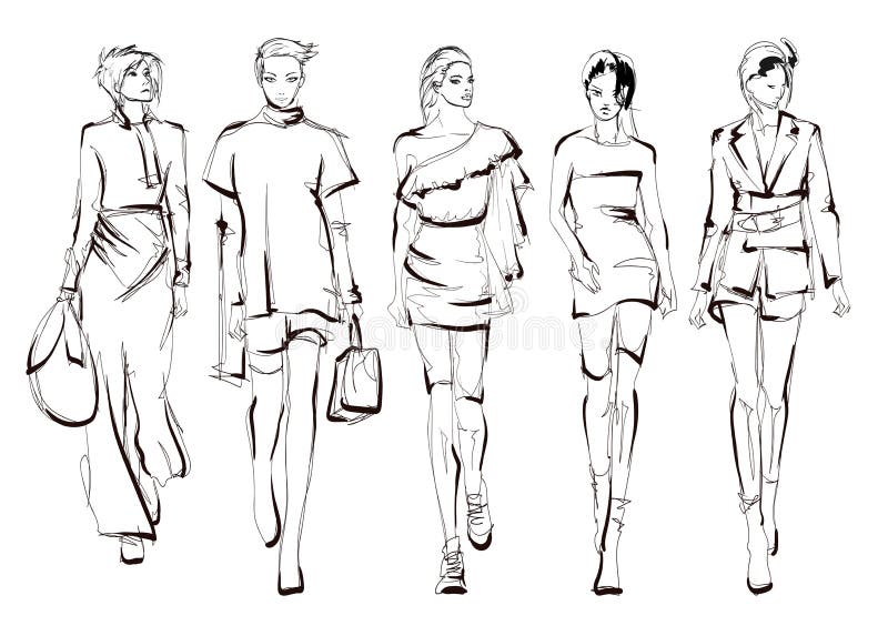 Vackra unga kvinnor Handdragna modeflickor Fashion-modellens utseende Sketch royaltyfri illustrationer