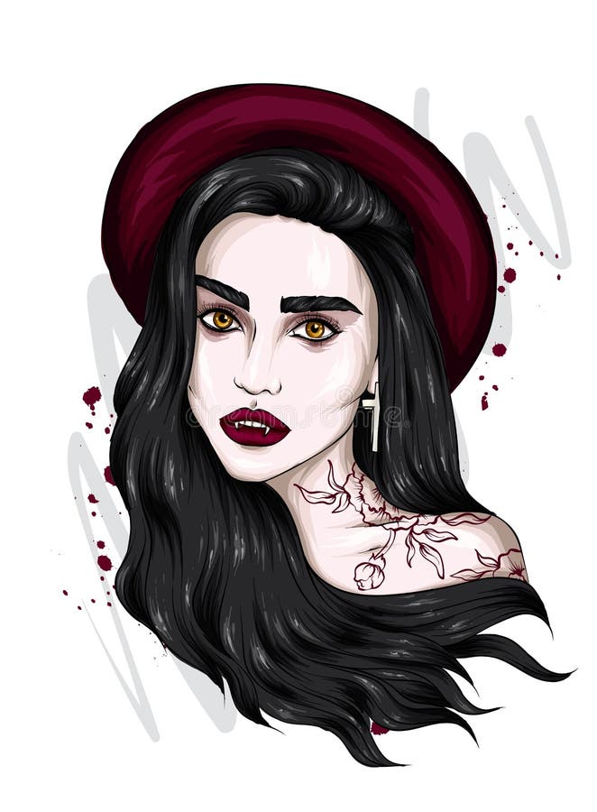 Vackra vampyrer i en snygg hatt Långa hår Hipster Karnevalskostumma, halloween, fest Vektorillustration royaltyfri illustrationer Vackra vampyrer i en snygg hatt Långa hår Hipster Karnevalskostumma, halloween, fest Vektorillustration royaltyfri illustrationer