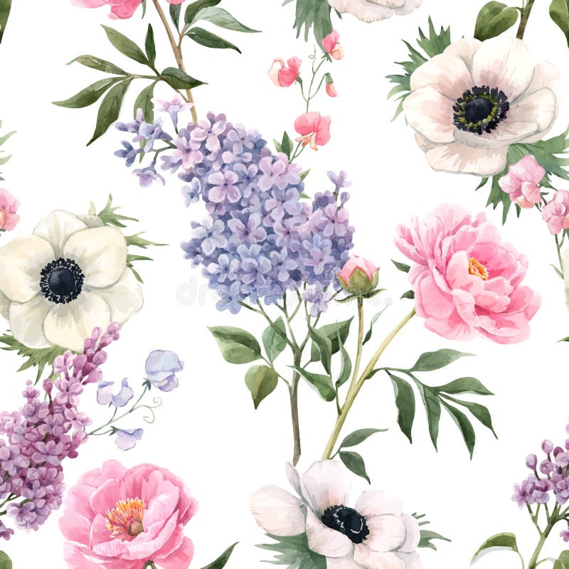 Vackra vektorer, sömlösa flormönster med vattenfärgade anemoner, lilak- och peonblommor Lagerillustration vektor illustrationer