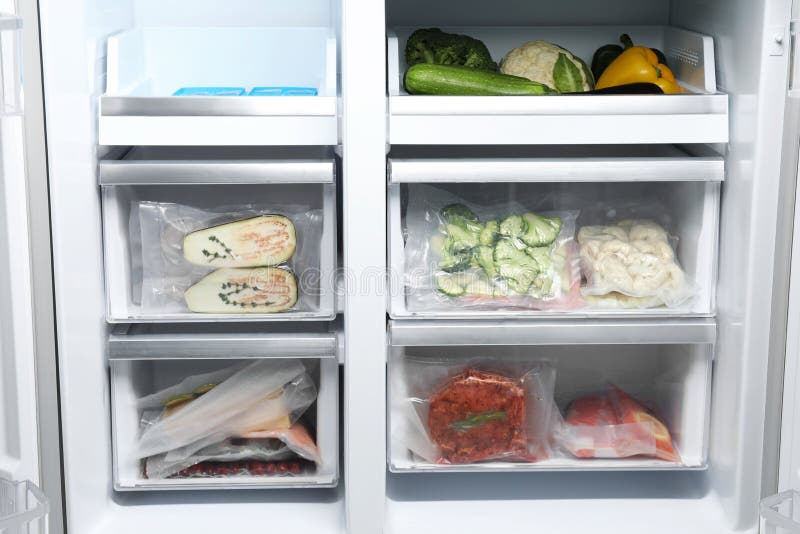 Vacuum Bags with Different Products in Fridge. Food Storage Stock Photo Image of drawer
