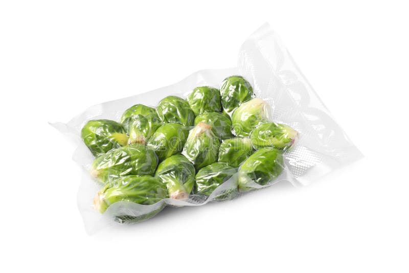 Vacuum Pack of Brussels Sprouts Isolated on White Stock Photo Image