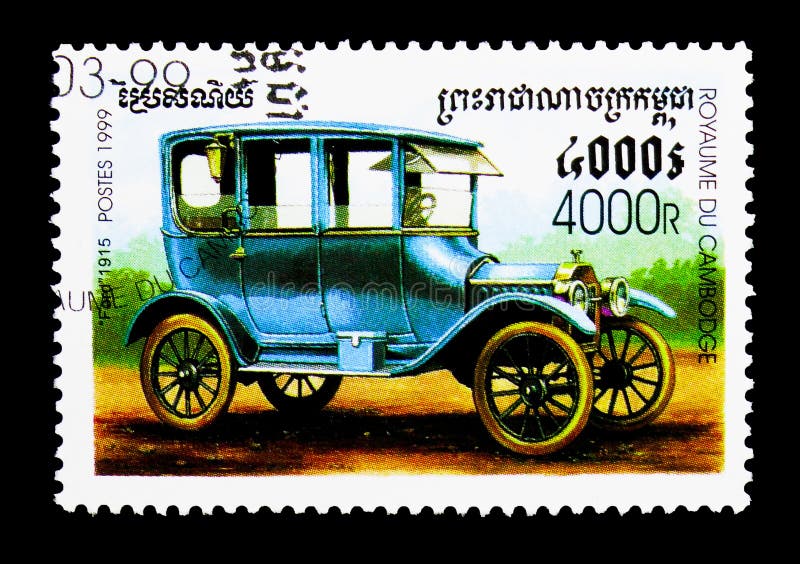 MOSCOW, RUSSIA - MARCH 18, 2018: A stamp printed in Cambodia shows Ford (1915), Vintage cars serie, circa 1999. MOSCOW, RUSSIA - MARCH 18, 2018: A stamp printed in Cambodia shows Ford (1915), Vintage cars serie, circa 1999