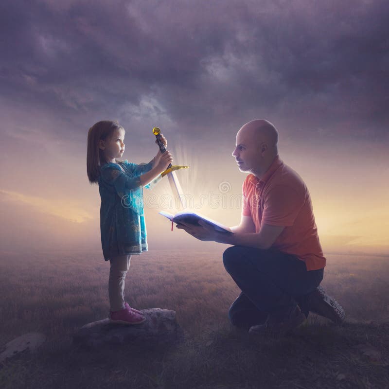 Vader en dochter met zwaard