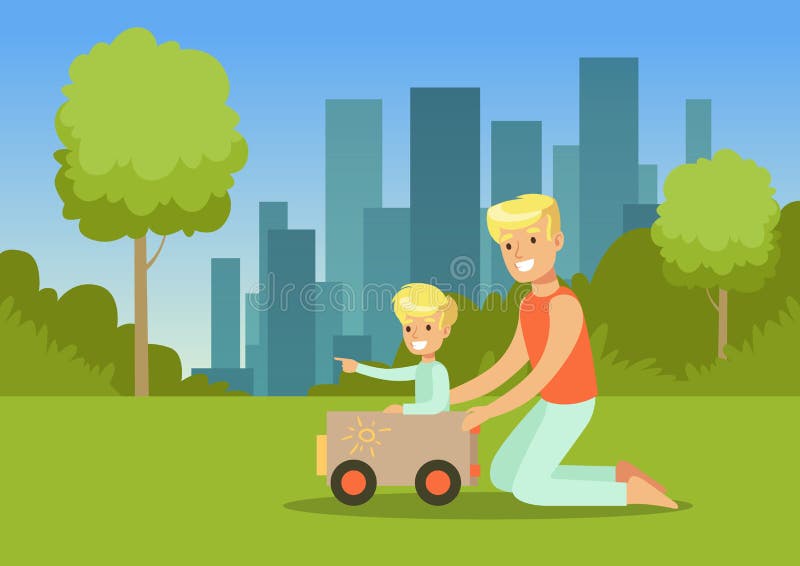 Vader en zijn zoon die met stuk speelgoed buiten auto in stadspark spelen, de vectorillustratie van de familievrije tijd royalty-vrije illustratie Vader en zijn zoon die met stuk speelgoed buiten auto in stadspark spelen, de vectorillustratie van de familievrije tijd royalty-vrije illustratie