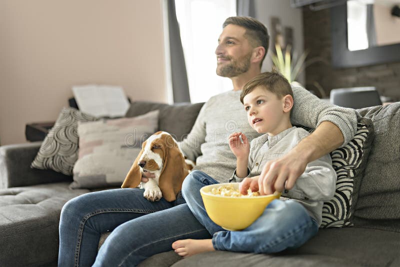 A Father or Godfather with Basset dog having fun on the living room At Home watching movie with popcorn. A Father or Godfather with Basset dog having fun on the living room At Home watching movie with popcorn