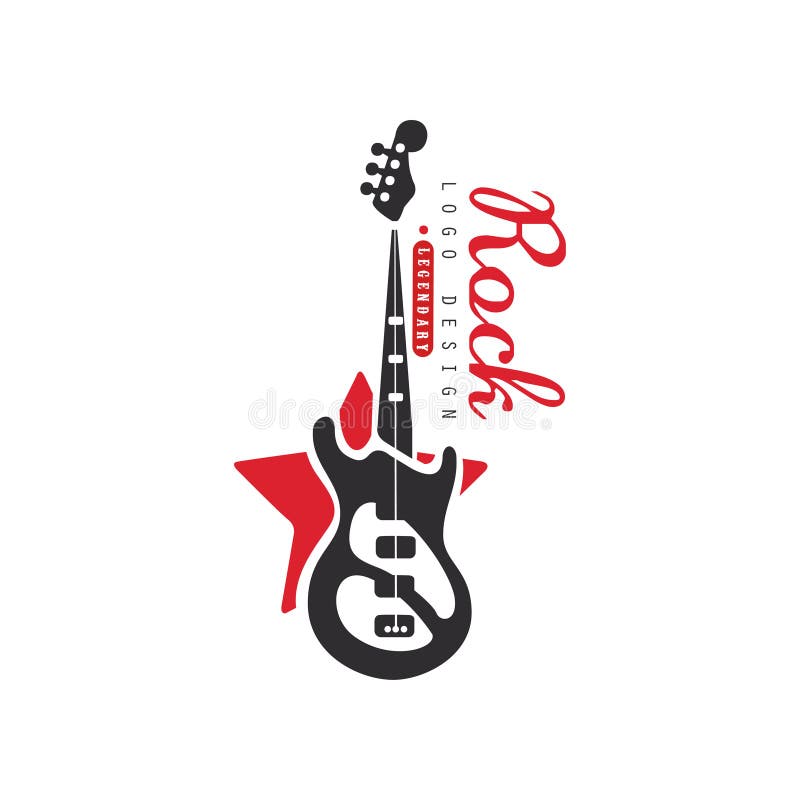 Vagga logodesignen, emblemet för rockband eller festivalen med vektorillustrationen för den elektriska gitarren på en vit bakgrun vektor illustrationer Vagga logodesignen, emblemet för rockband eller festivalen med vektorillustrationen för den elektriska gitarren på en vit bakgrun vektor illustrationer