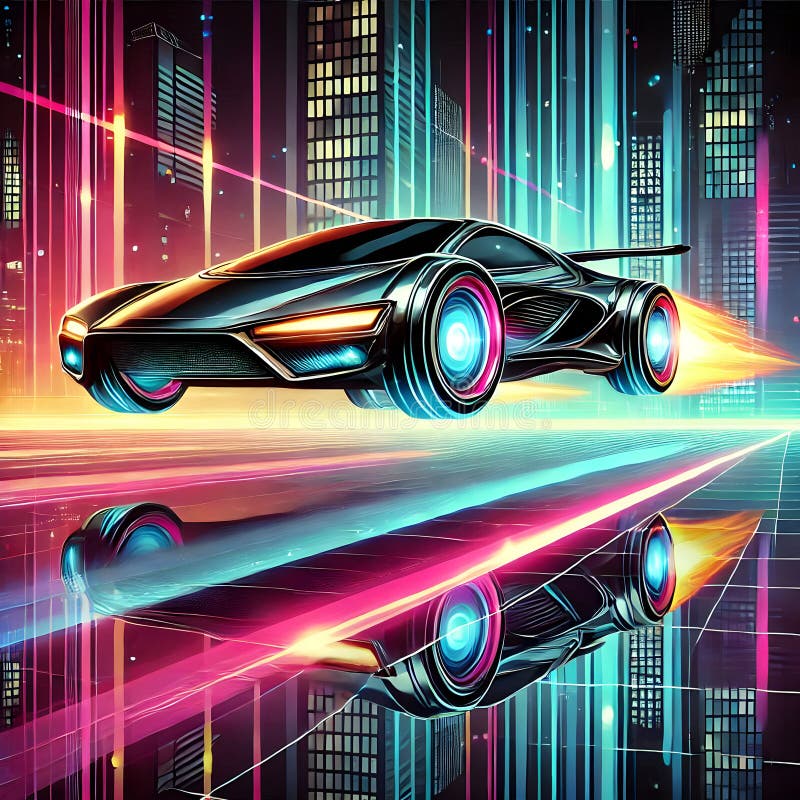Vagoane zburătoare futuriste care traversează peisajul turistic al orașului luminat pe timp de noapte reflectând asfaltul umed cu stock image