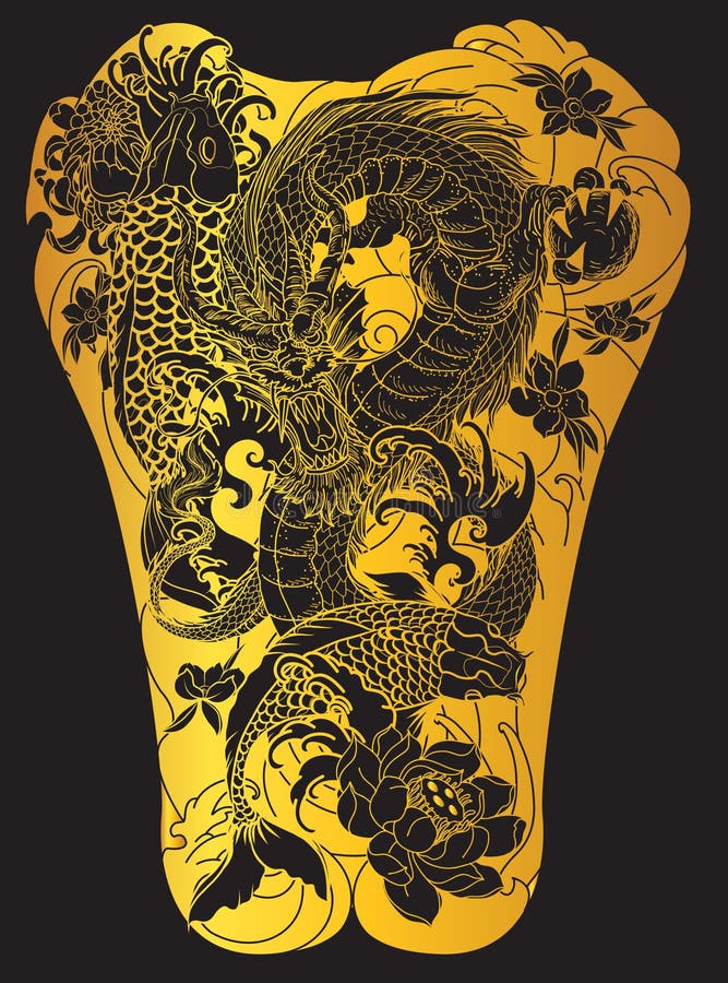 Vague de Japonais pour le tatouage poissons tirés par la main de dragon et de koi avec le tatouage de fleur pour le dos illustration stock Vague de Japonais pour le tatouage poissons tirés par la main de dragon et de koi avec le tatouage de fleur pour le dos illustration stock