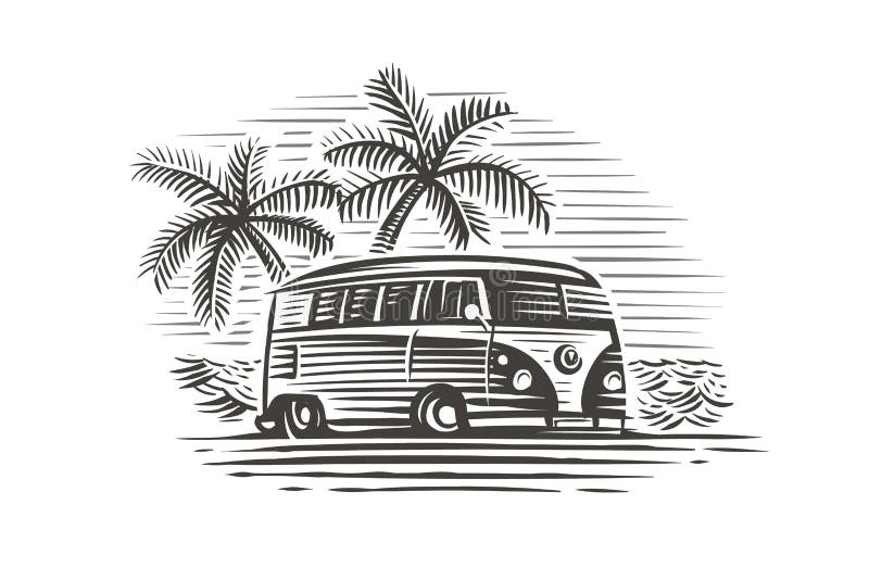 Vagão retro perto da ilustração do monochrome do mar e das palmas Vetor ilustração do vetor Vagão retro perto da ilustração do monochrome do mar e das palmas Vetor ilustração do vetor