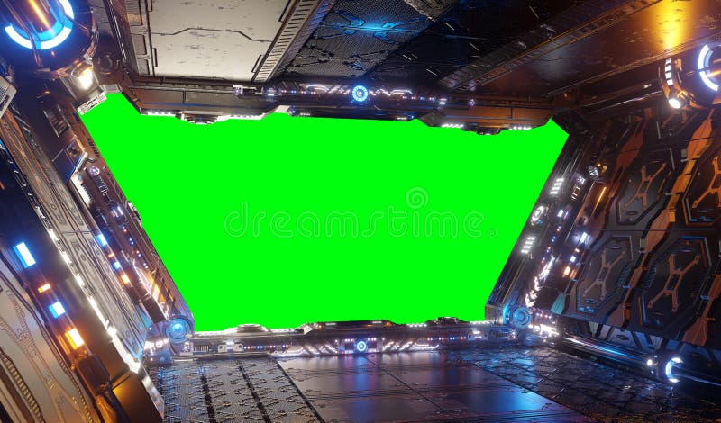 Vaisseau futuriste orange et bleu intérieur avec le rendu vert de la fenêtre 3d illustration stock