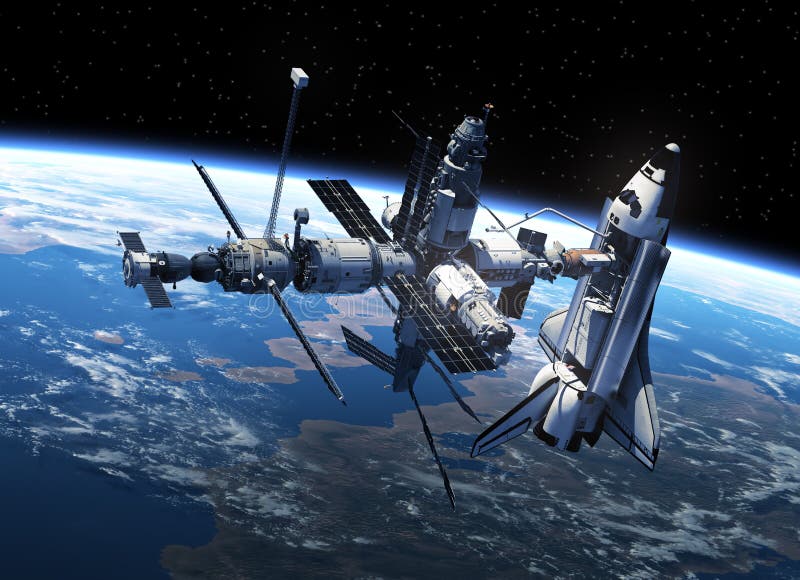 Space Shuttle And Space Station In Space. 3D Scene. Space Shuttle And Space Station In Space. 3D Scene.