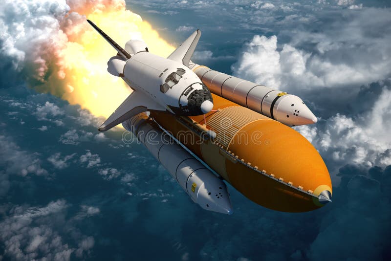 Space Shuttle Flying Over The Clouds. 3D Scene. Space Shuttle Flying Over The Clouds. 3D Scene.