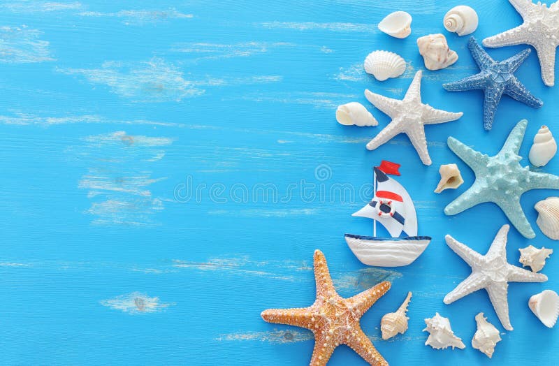 Vakantie en de zomerconcept met uitstekende bootzeester en zeeschelpen over blauwe houten achtergrond De hoogste meningsvlakte la