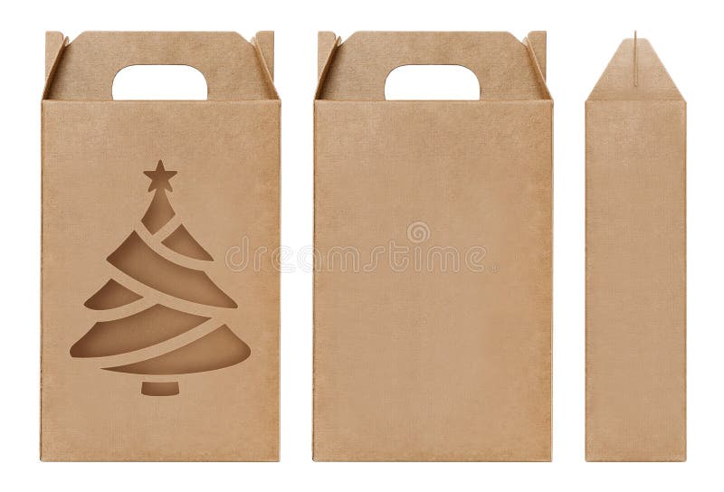 Vakje verwijderde de bruine vorm van de vensterkerstboom Verpakkend malplaatje, Lege kraftpapier-Vakje Karton geïsoleerde witte a royalty-vrije stock fotografie Vakje verwijderde de bruine vorm van de vensterkerstboom Verpakkend malplaatje, Lege kraftpapier-Vakje Karton geïsoleerde witte a royalty-vrije stock fotografie