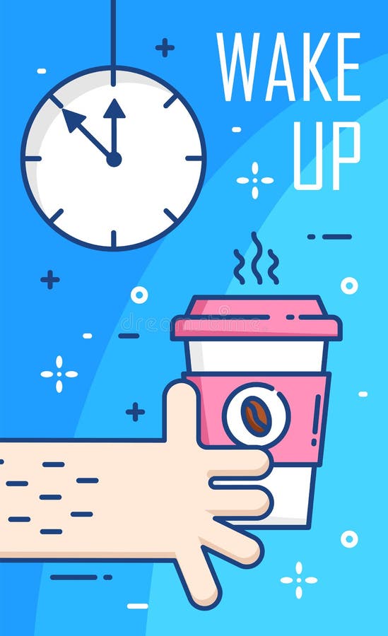 Vakna upp affischen med klockan, handen och koppen kaffe på blå bakgrund Tunn linje lägenhetdesign vektor royaltyfri illustrationer Vakna upp affischen med klockan, handen och koppen kaffe på blå bakgrund Tunn linje lägenhetdesign vektor royaltyfri illustrationer