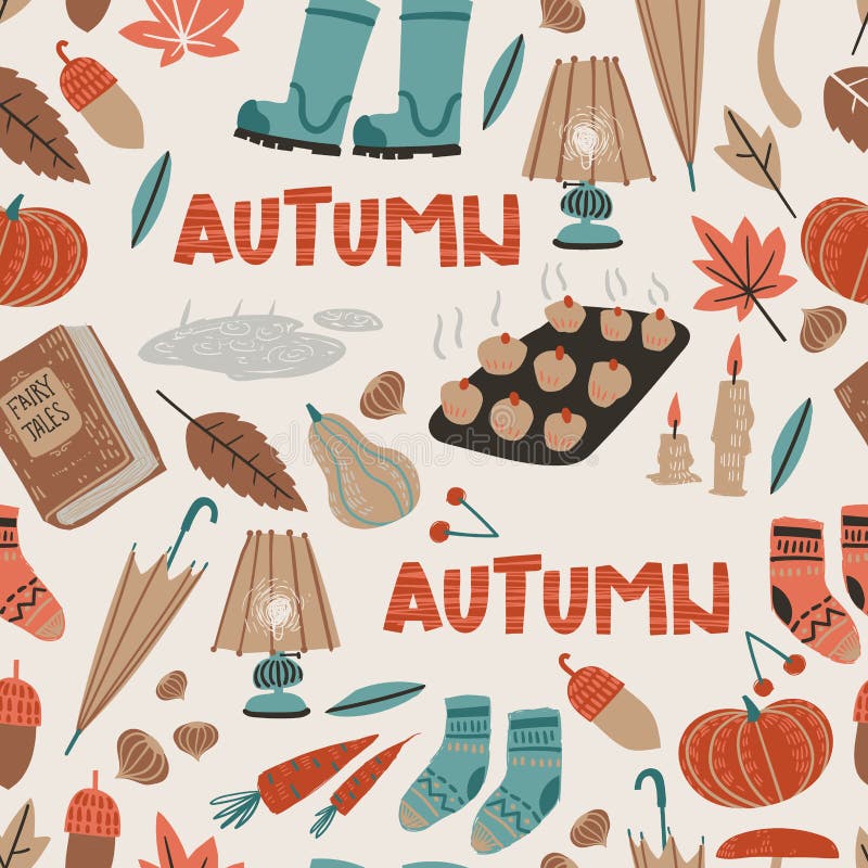 Fall seamless pattern with cozy nature elements. Home things, food, harvest, nature and clothes. Fall seamless pattern with cozy nature elements. Home things, food, harvest, nature and clothes.